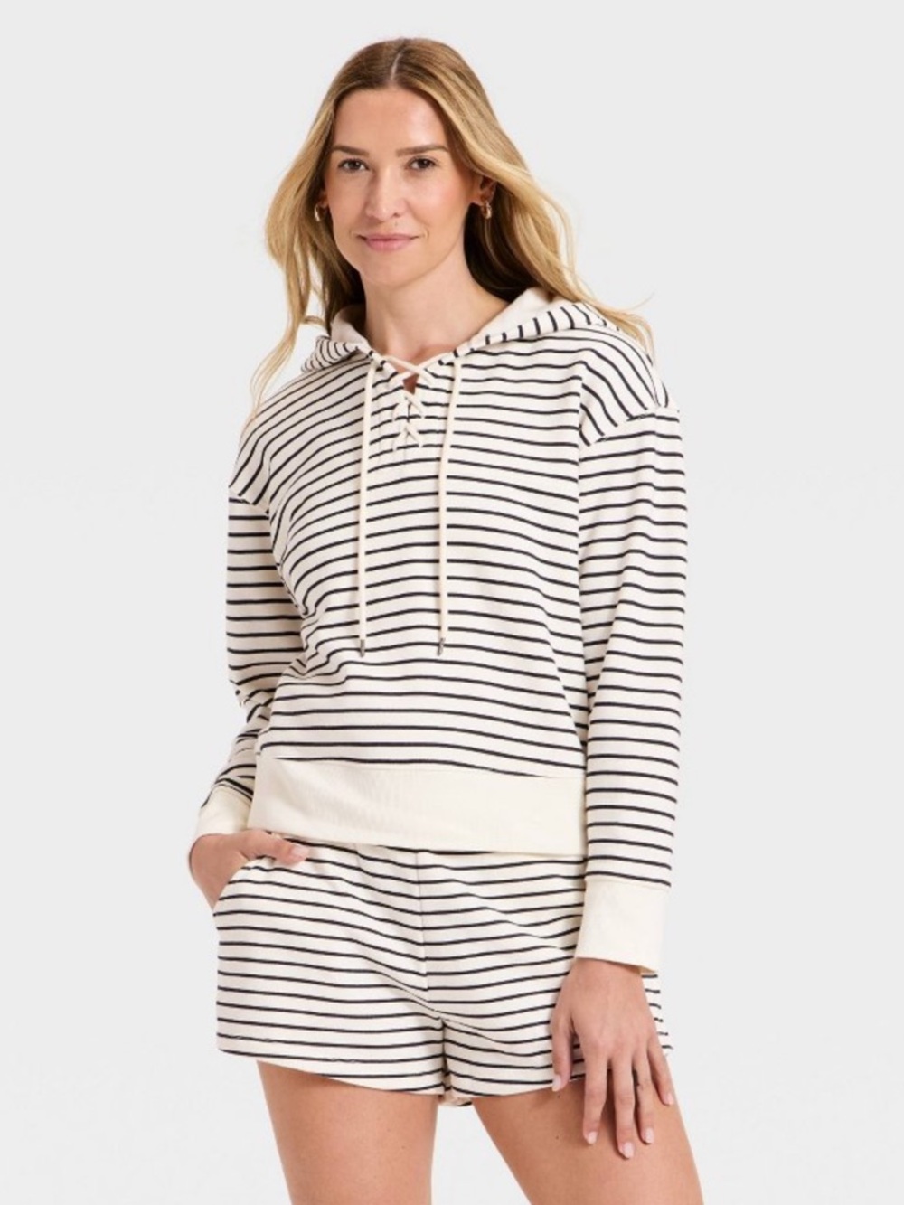 Universal Thread™ Women's Lace Up Hoodie Pullover Sweatshirt Navy Blue Striped M